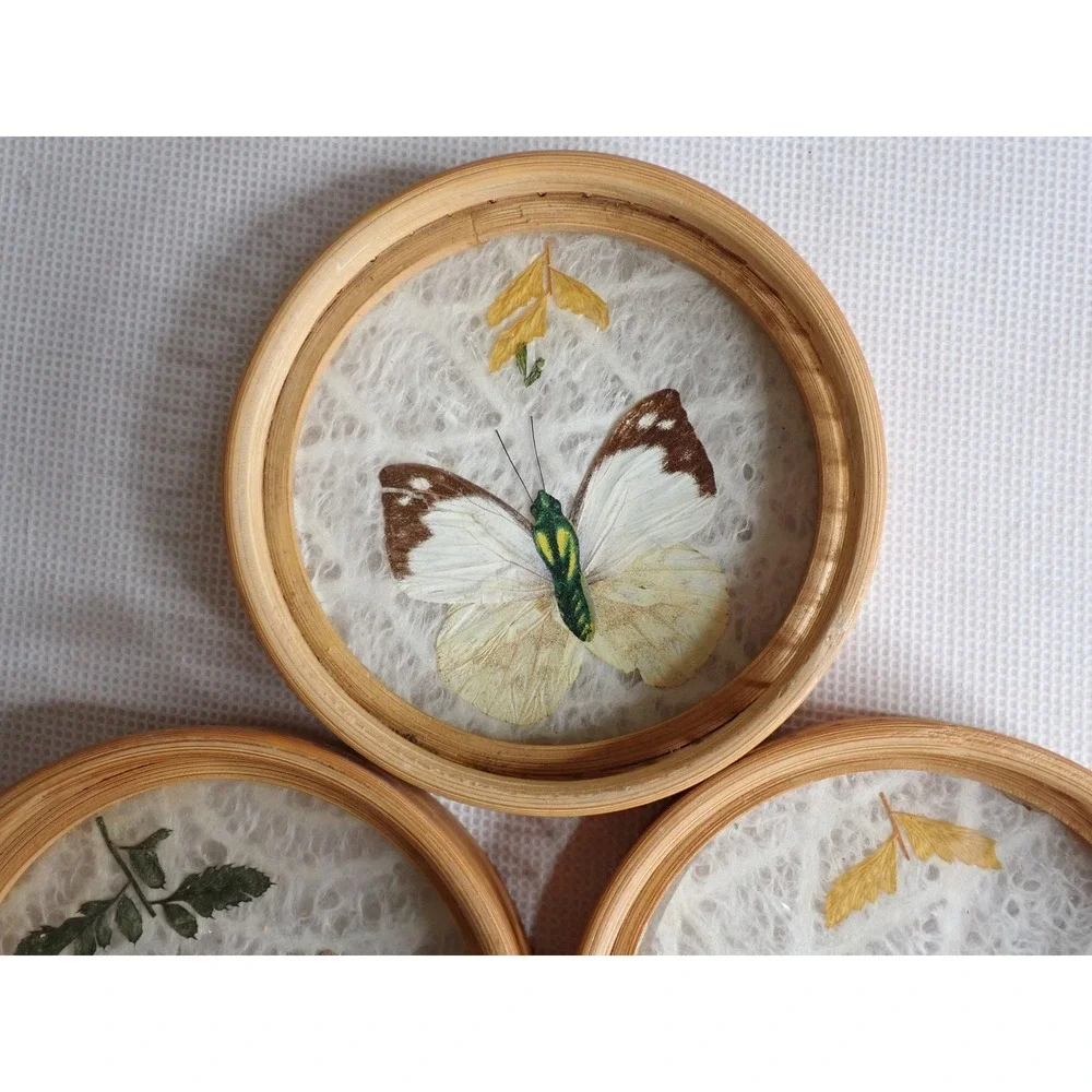Vintage Bamboo Butterfly and Floral Coasters Set of 4 Natural Boho Decor Retro